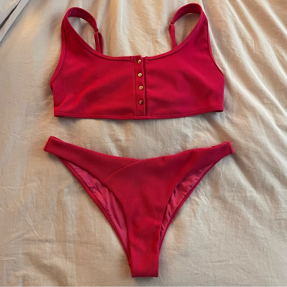 pink ribbed bikini set